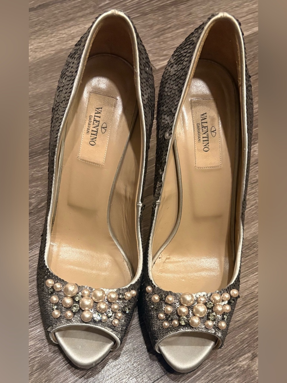 Valentino Garavani silver sequin peep-toe pumps with pearls and crystals Size 8